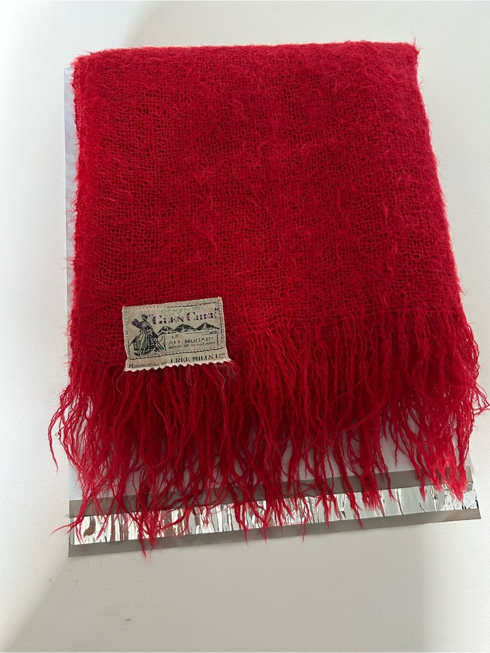 Handcrafted Red Mohair Fringe Throw with Label